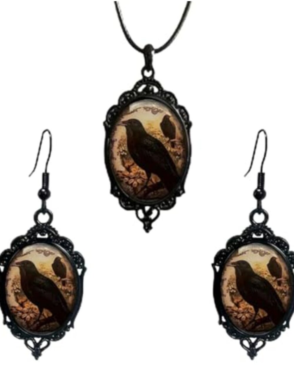 Gothic Raven Earrings Necklace Set Crystal Glass Cameo Punk Halloween